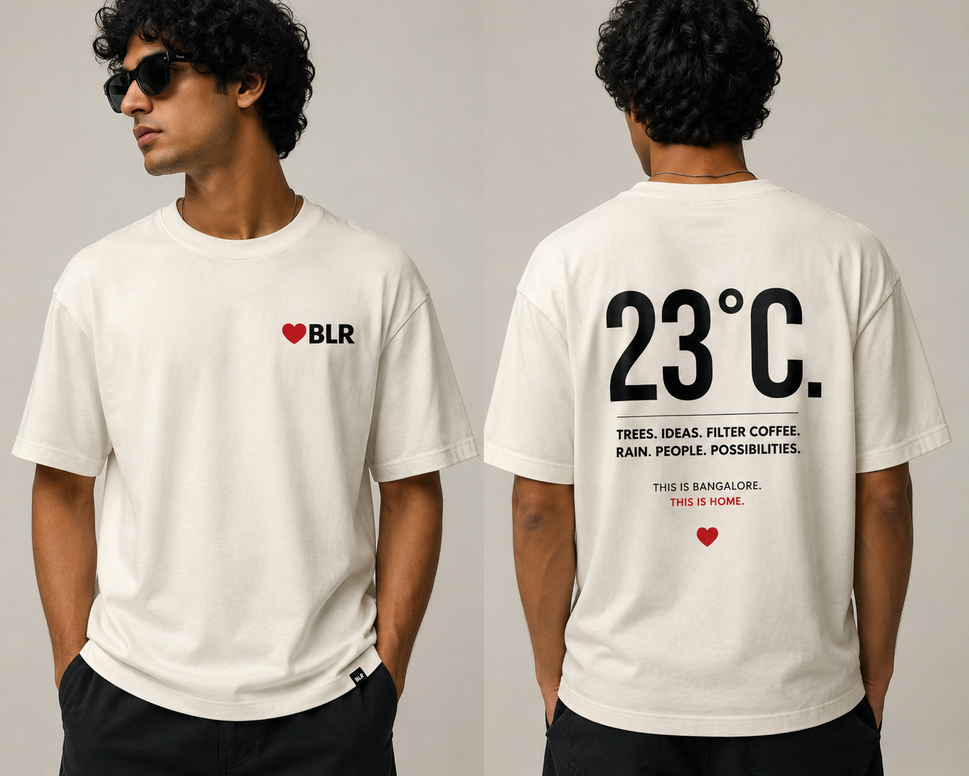 The 23°C tee — heart-BLR on the chest, 23°C printed across the back
